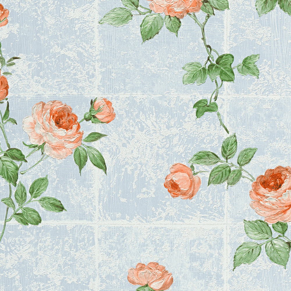             Papier peint aspect carrelage Used Lok avec rinceaux de roses - bleu
        