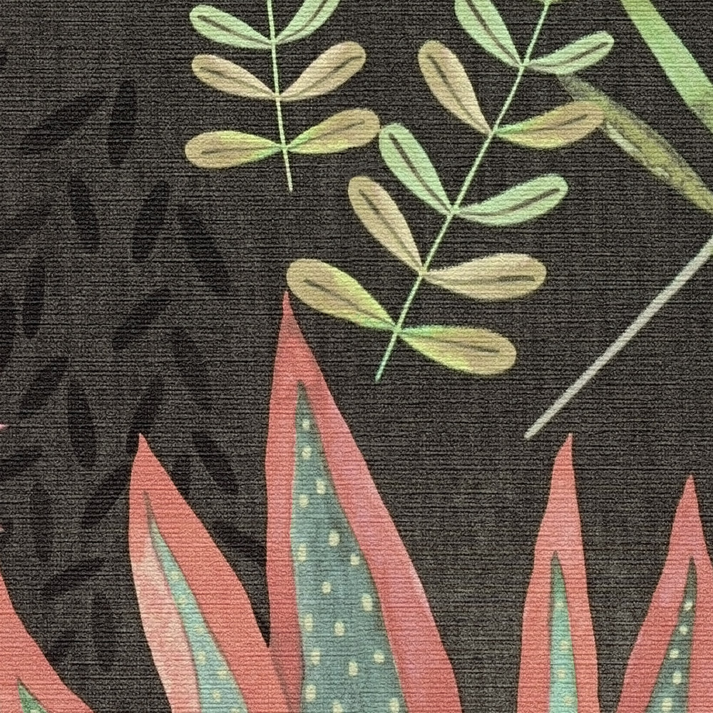             Carta da parati non tessuta floreale con foglie miste leggermente strutturate, opache - nero, multicolore, verde
        