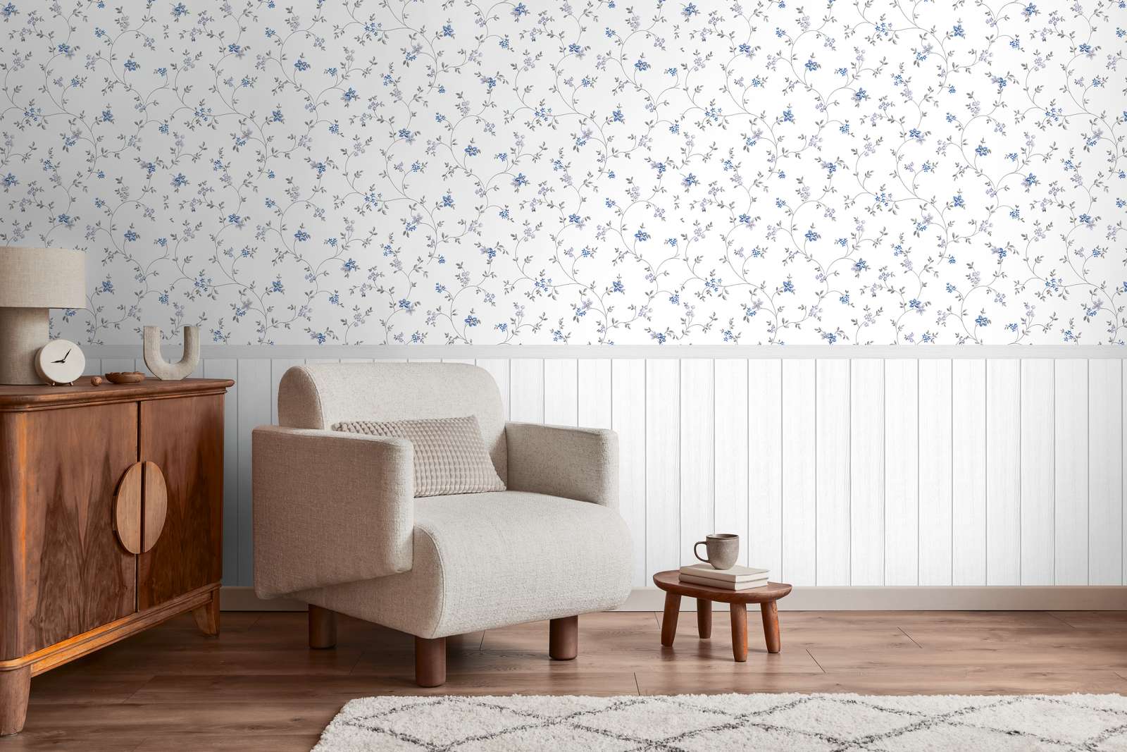             Non-woven motif wallpaper with wood-effect plinth border and floral pattern - white, grey, blue
        