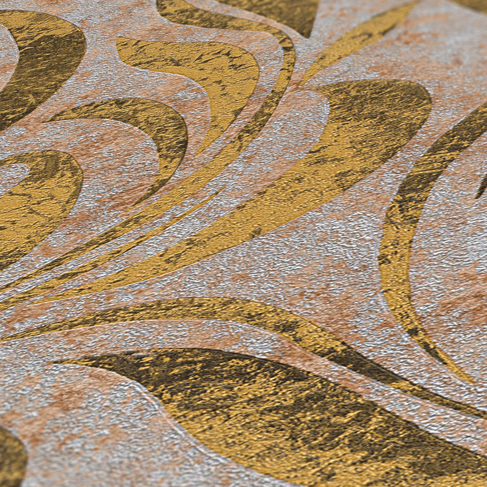             Pattern wallpaper leaf motif in used look - brown, metallic
        