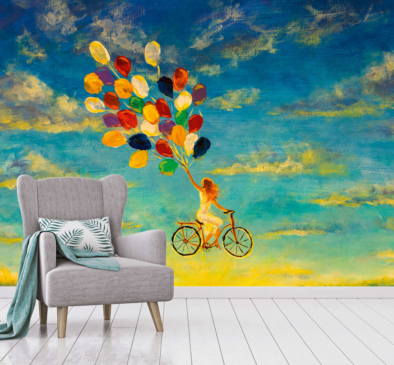             Papier peint panoramique avec femme sur vélo dans le ciel Peinture - bleu, jaune, multicolore
        