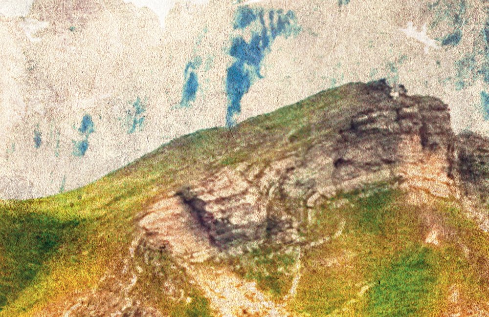             Dolomiti 1 - Digital behang Dolomieten Retro Fotografie - Vloeipapier - Blauw, Groen | Parelmoervlies
        