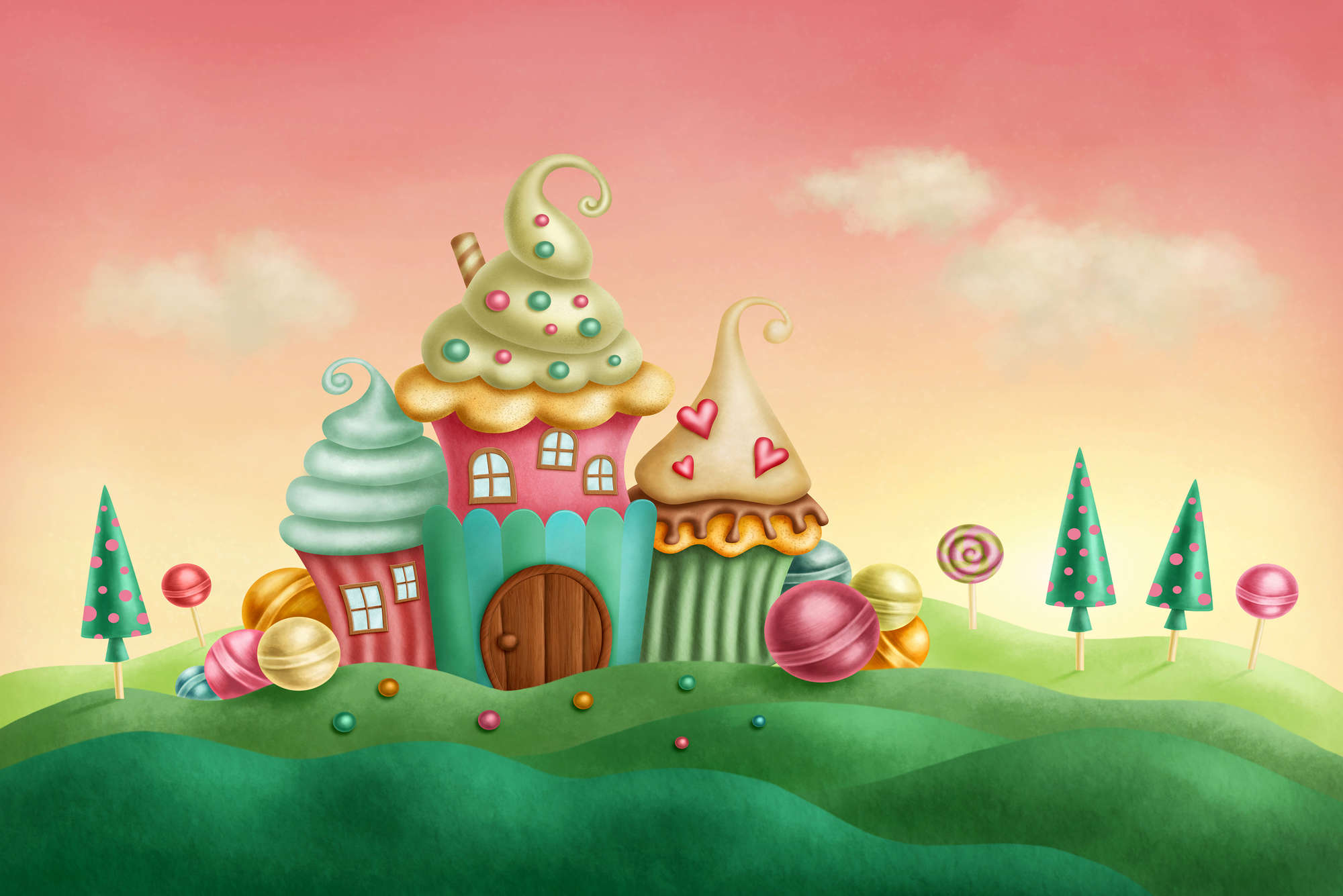             Children mural castle of sweets on textured non-woven
        