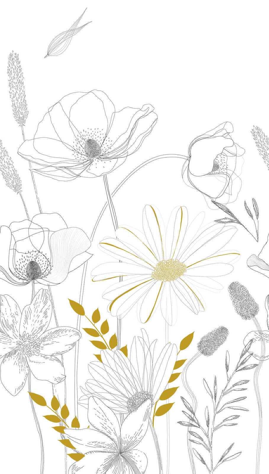             Papel Pintado con Motivos Florales Dibujados y Acentos de Color - Blanco, Negro, Amarillo
        