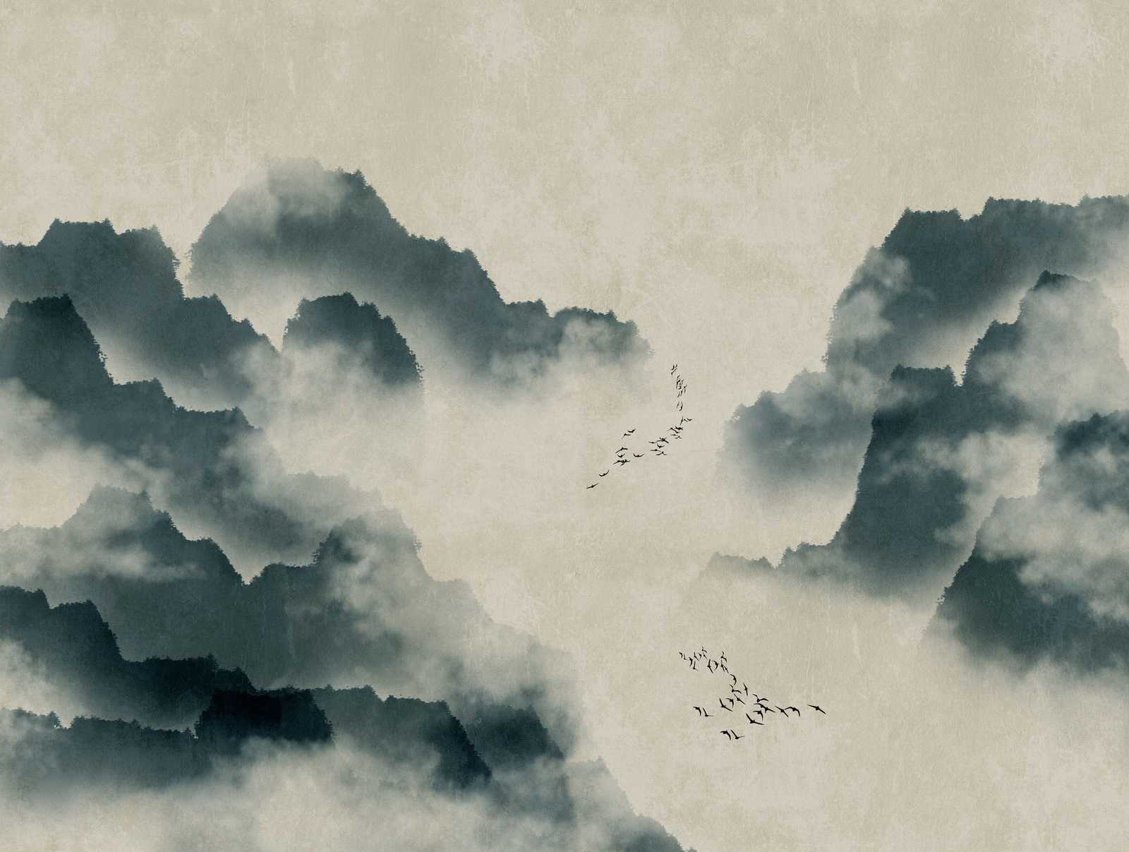             Papel pintado novedad | papel pintado con motivo de acuarela con montañas, niebla y bandada de pájaros
        