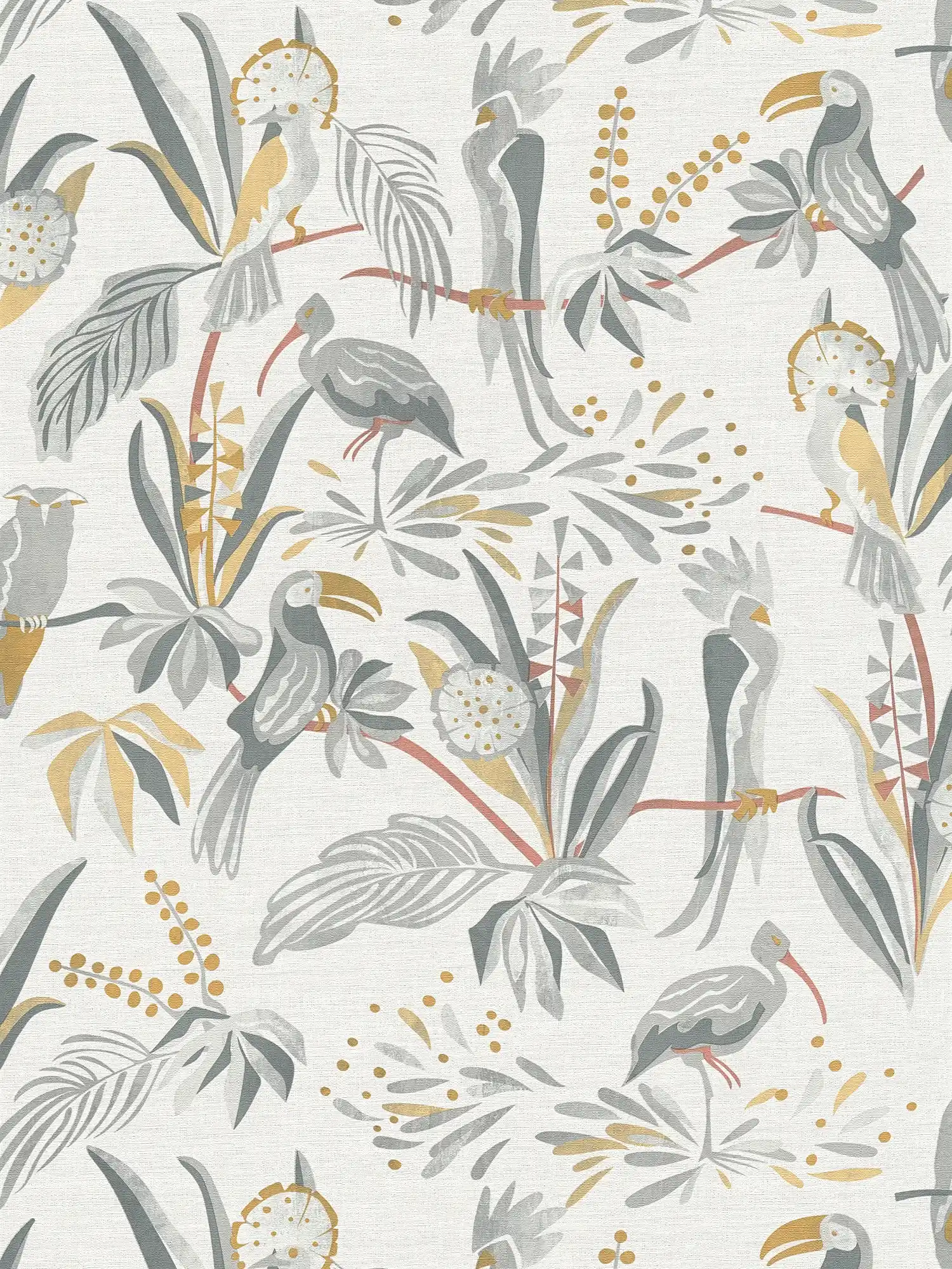 Papel pintado selva con hojas de palmera y pájaros en aspecto de lino - gris, dorado
