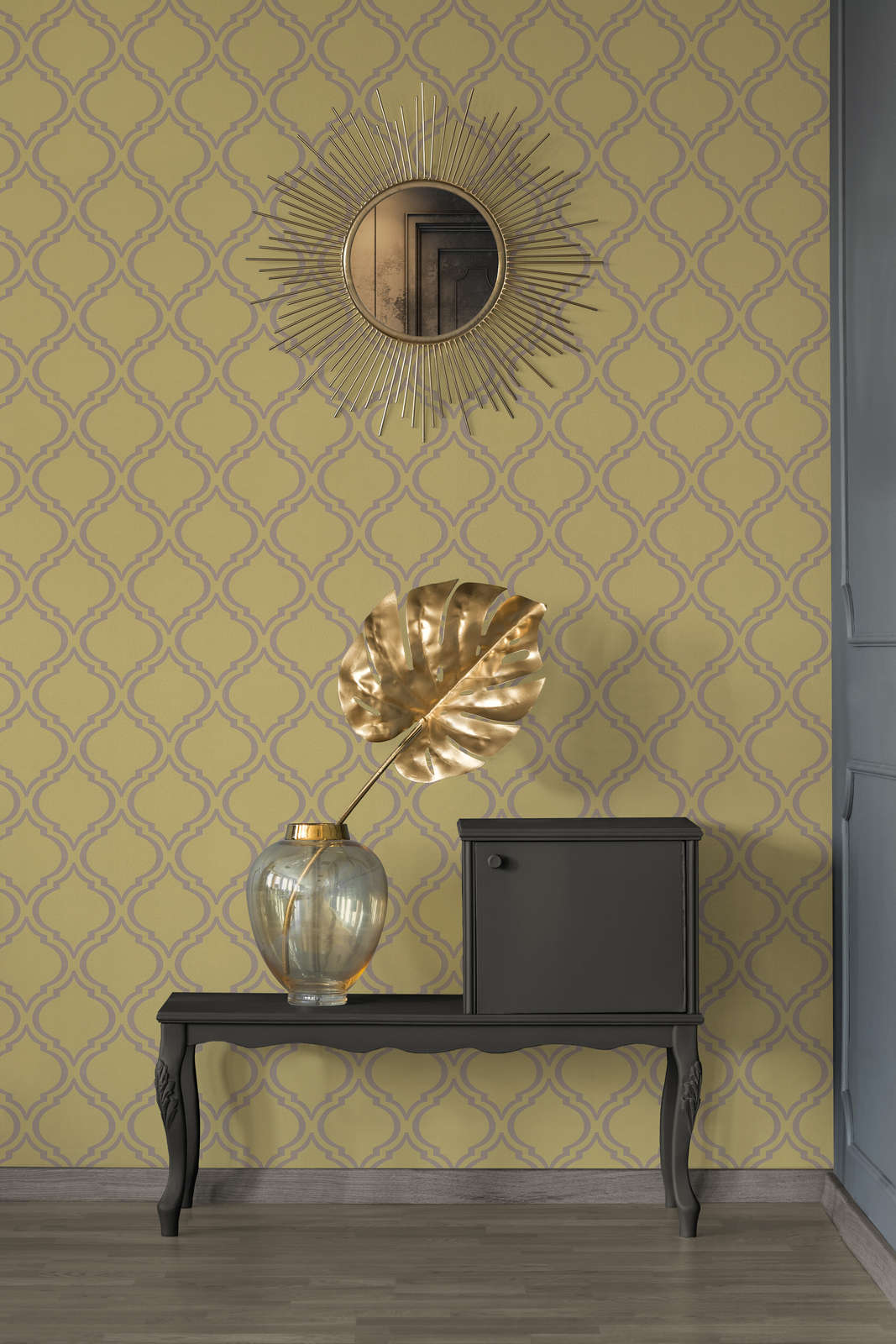             Retro wallpaper with glossy Art Deco pattern - yellow, green, grey
        