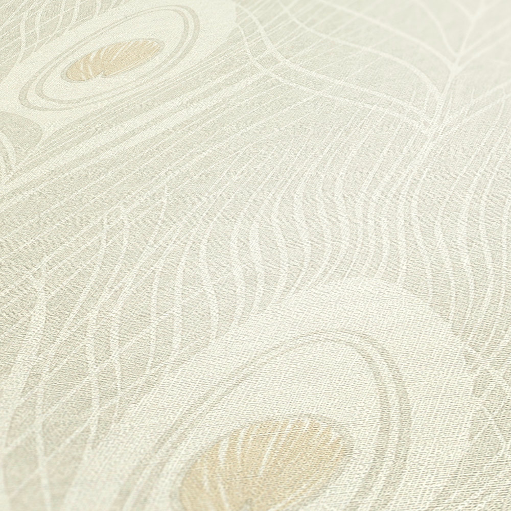             Papier peint crème avec plumes de paon - beige, or, gris
        