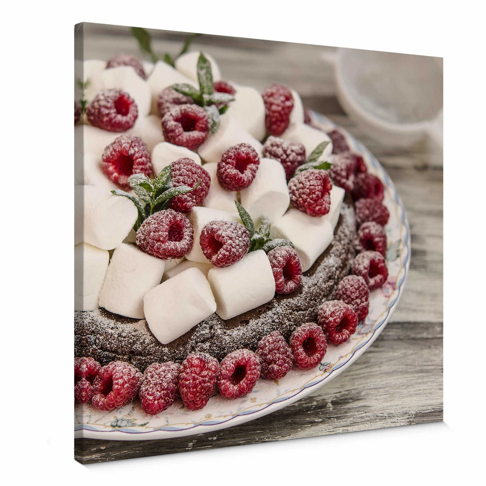         Square canvas print cake with raspberries and sweets
    