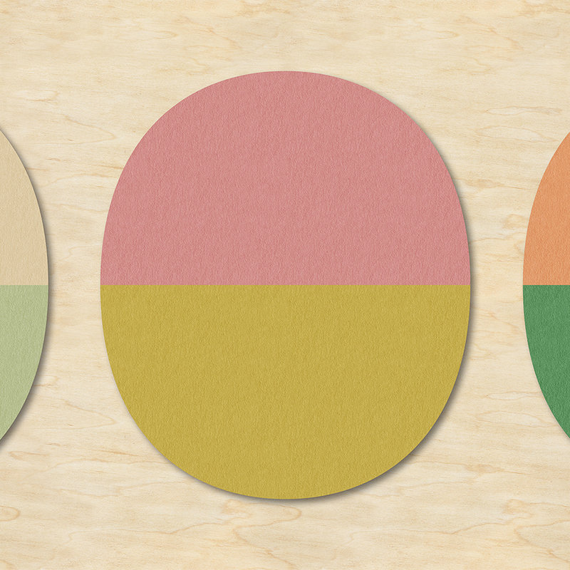 Split ovals 2 - Retro wallpaper in plywood,felt structure with colourful ovals - Beige, Green | Pearl smooth non-woven
