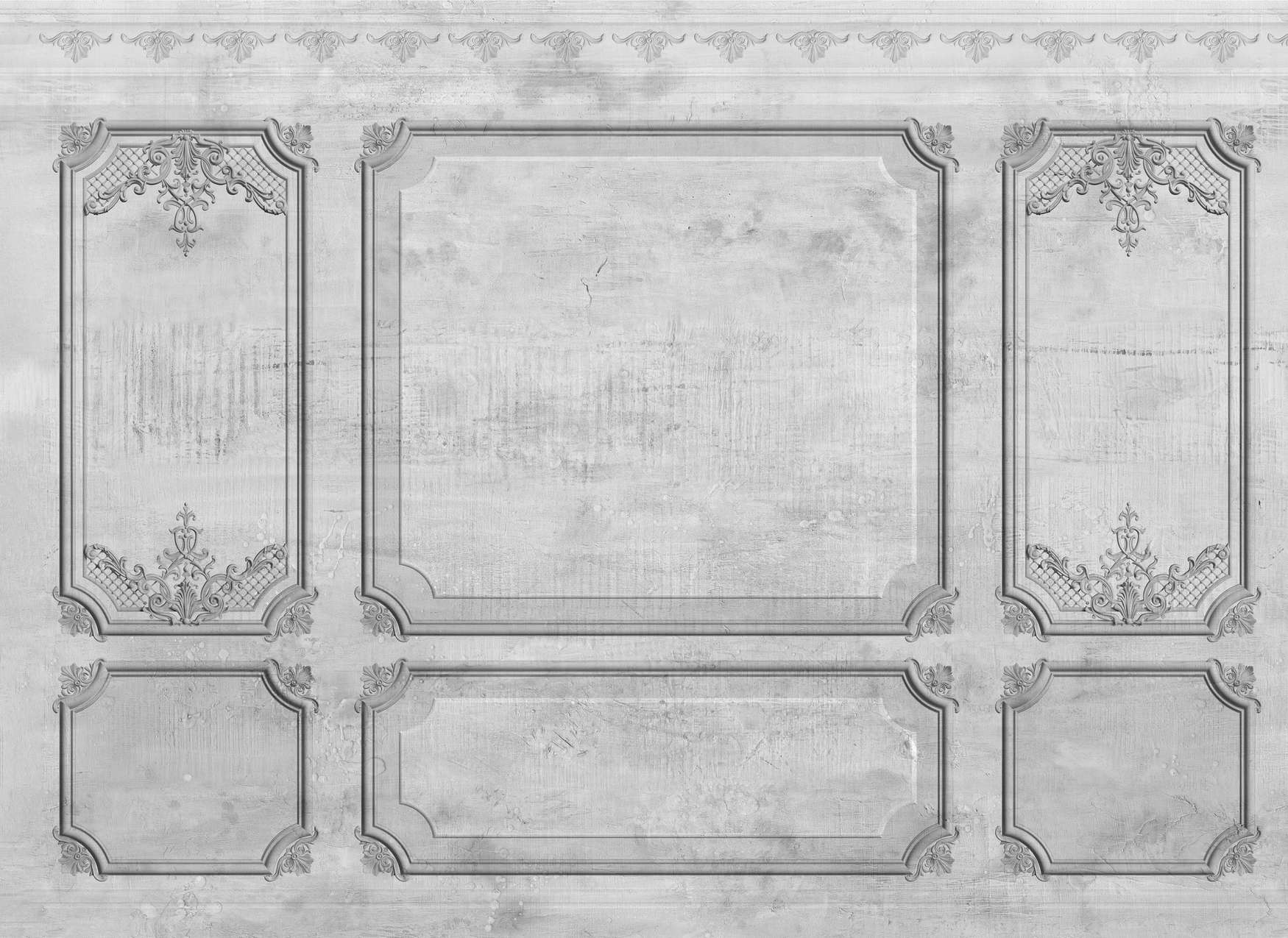             Papier peint panoramique avec gaufrage dans un mur en béton à l'aspect de cadre en stuc - Gris
        