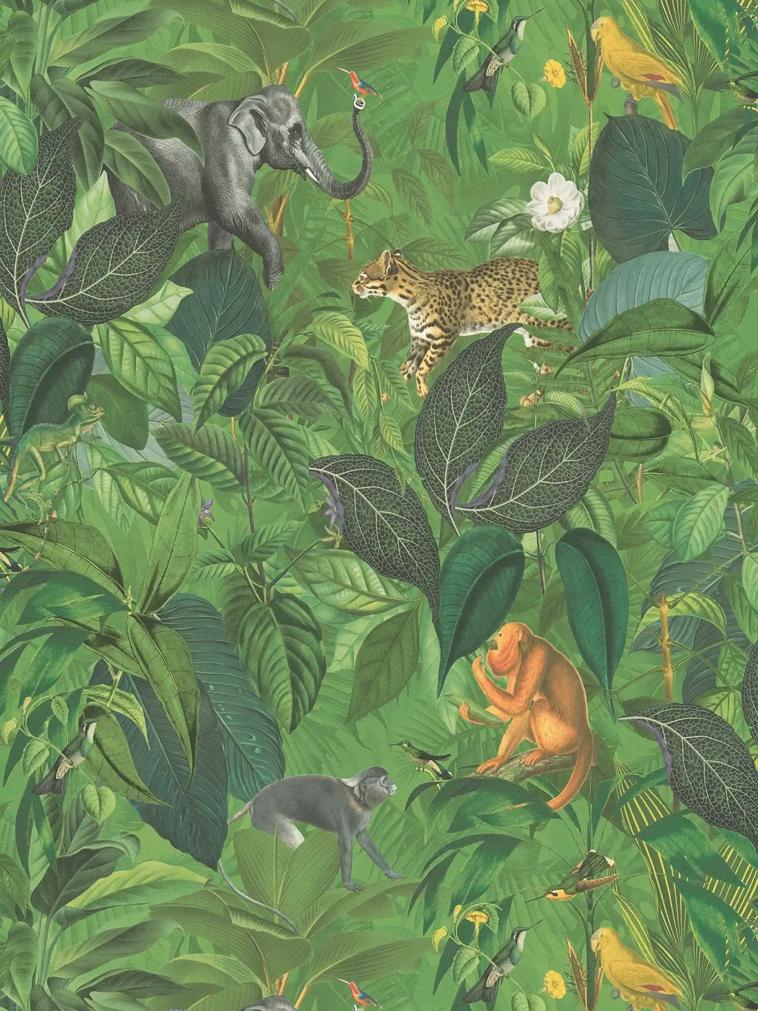 Papel pintado selva con animales, motivo infantil - verde
