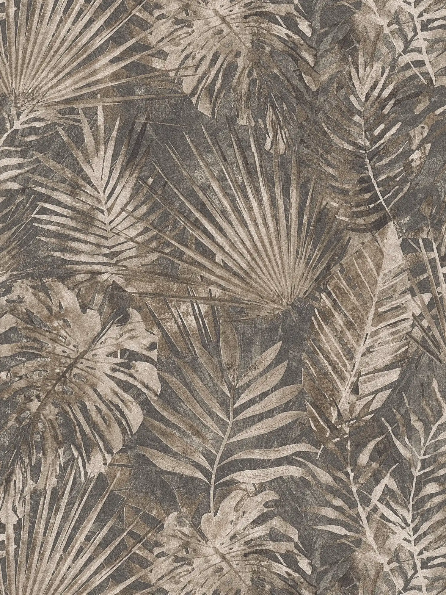 Papier peint jungle avec motif de feuilles tropicales sans PVC - marron, beige, anthracite
