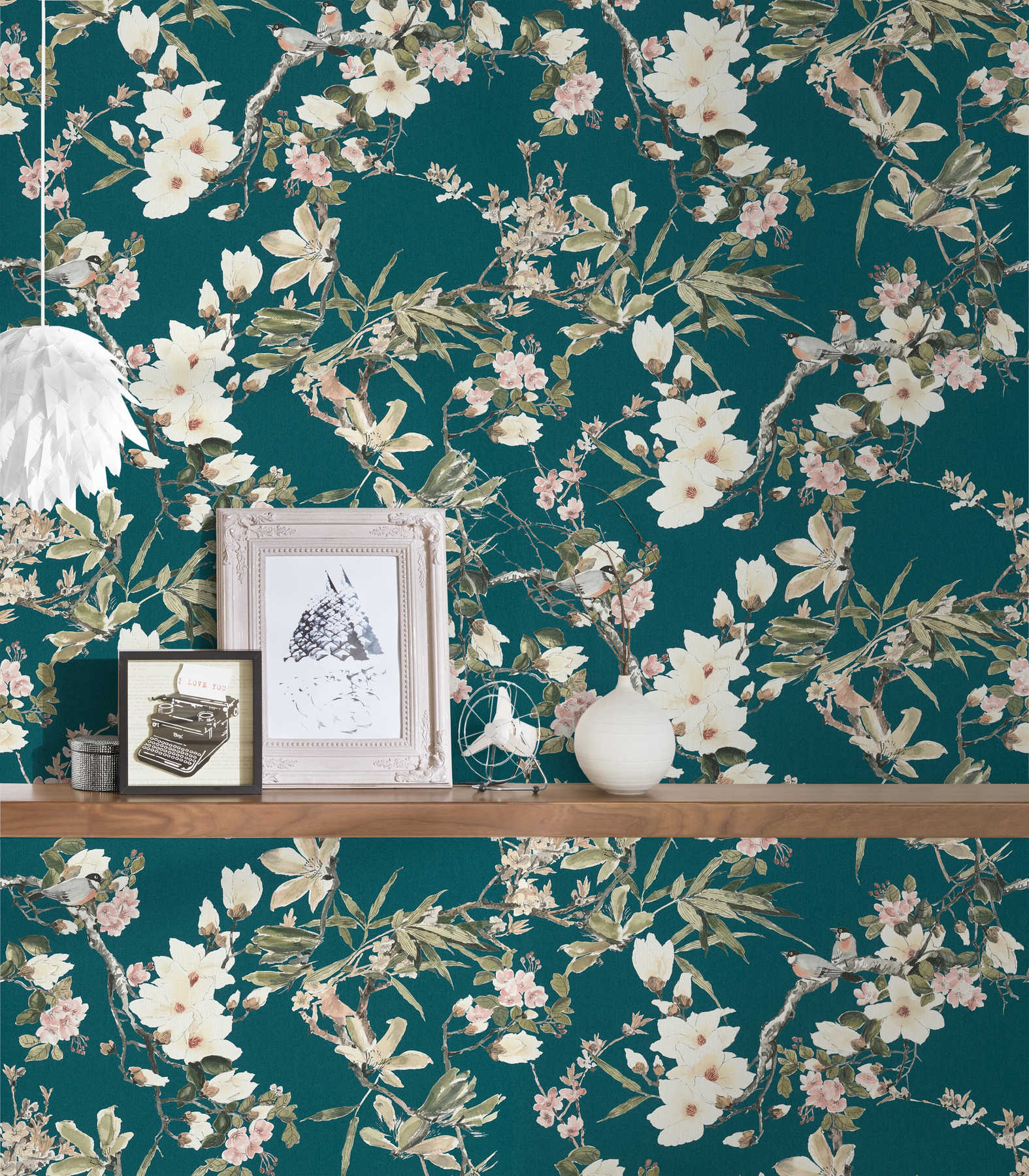             Non-woven wallpaper nature design flowers branches & birds - blue, green
        