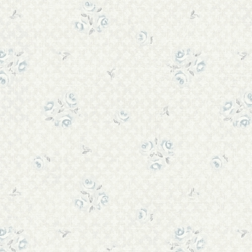             Country house wallpaper with floral pattern in Shabby Chic style - light grey, blue, white
        