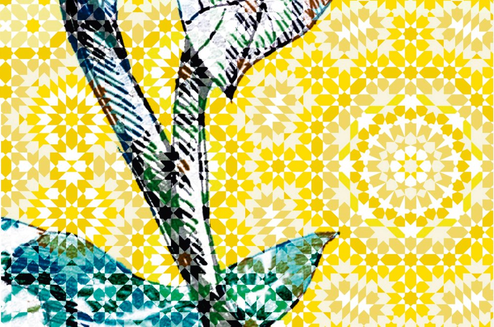             Papier peint panoramique mosaïque de fleurs exotiques - jaune, vert
        