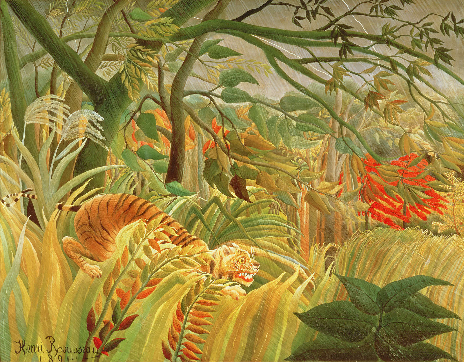             Muurschildering "Tijger in een tropische storm" door Henri Rousseau
        