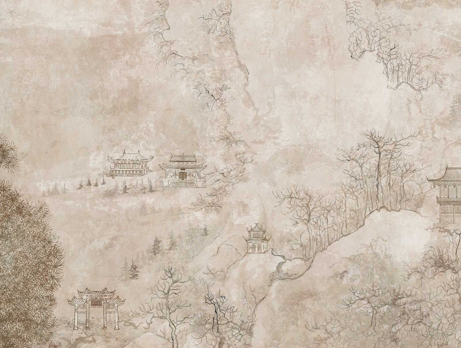             Behang nieuwigheid - motief behang Azië retro ontwerp met landschap en pagodes
        