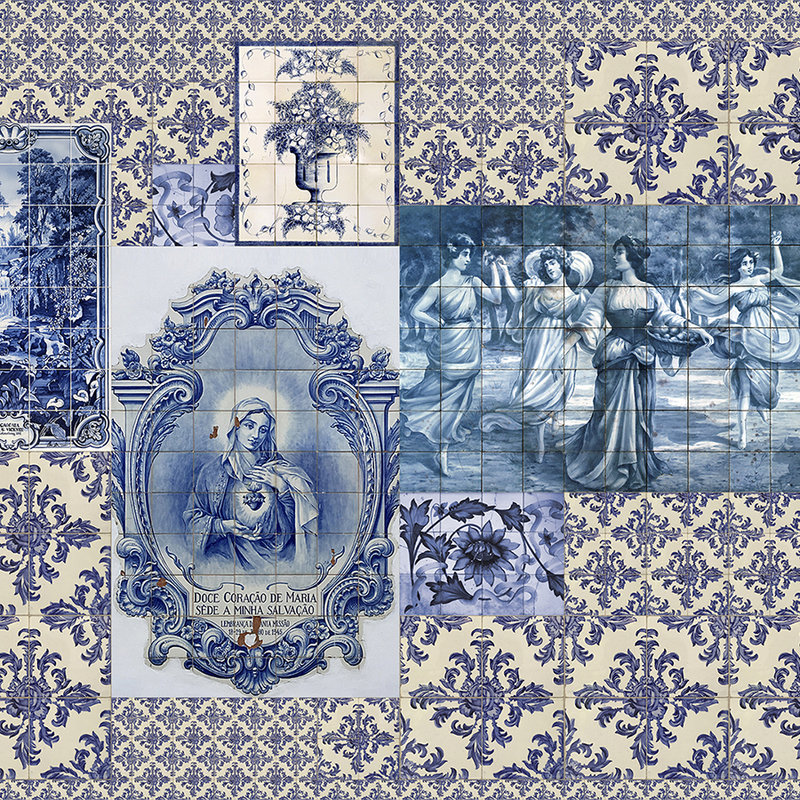 Azulejos 1 - Papel Pintado Azulejos Collage Estilo Retro - Beige, Azul | Nácar Liso
