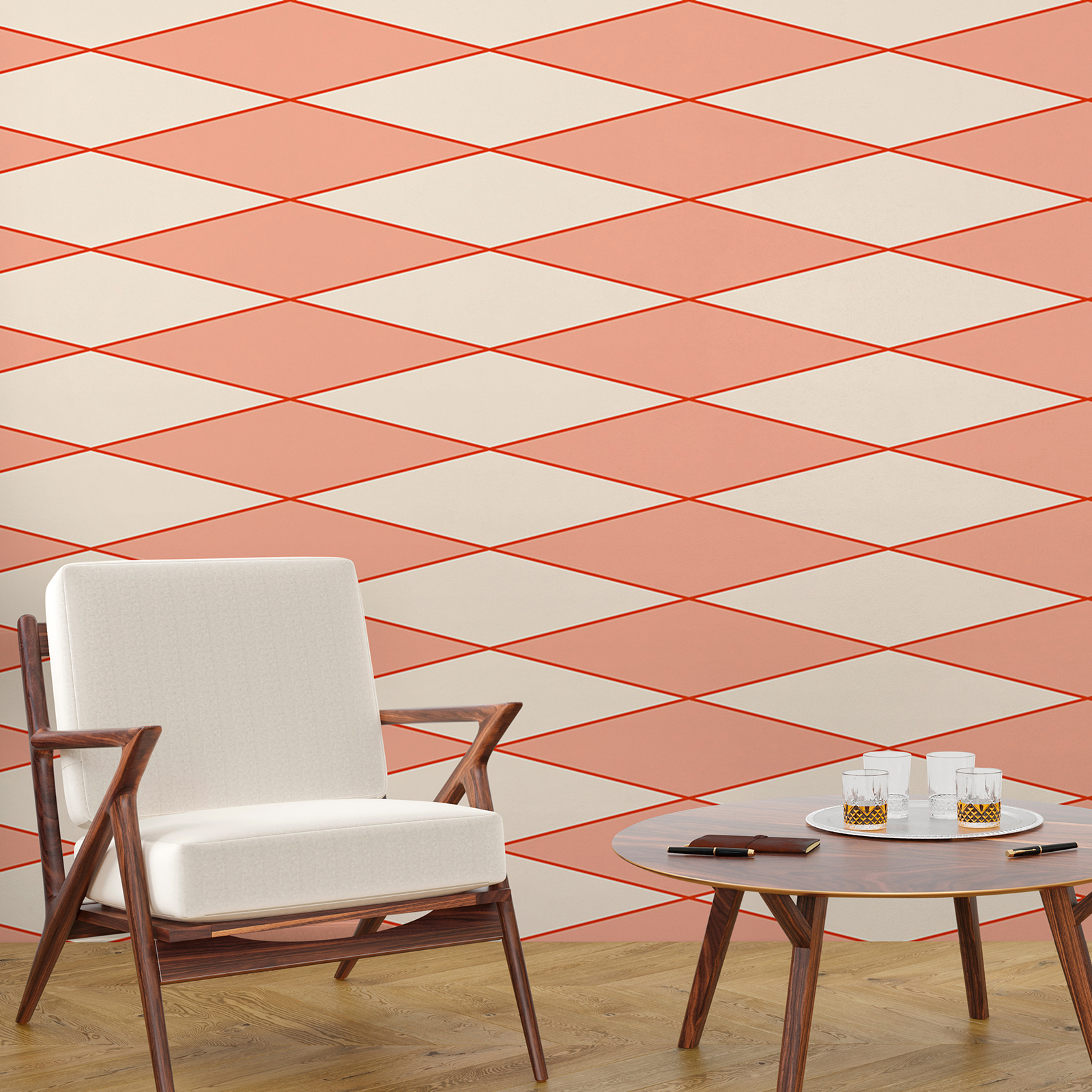 Wallpaper with diamonds & line pattern - Orange, Beige | Pearl smooth fleece
