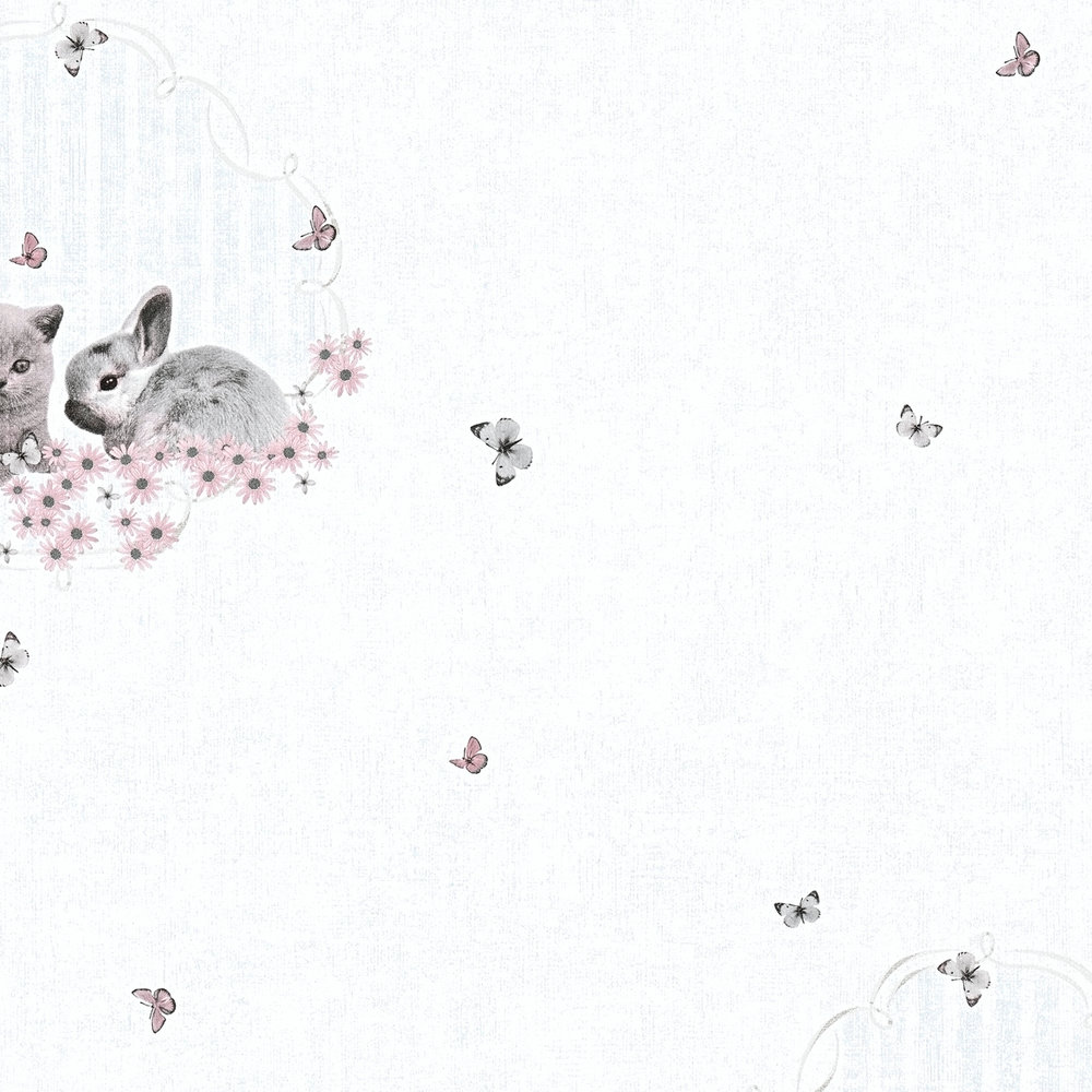             Wallpaper Nursery cat, rabbit & butterflies - colourful
        