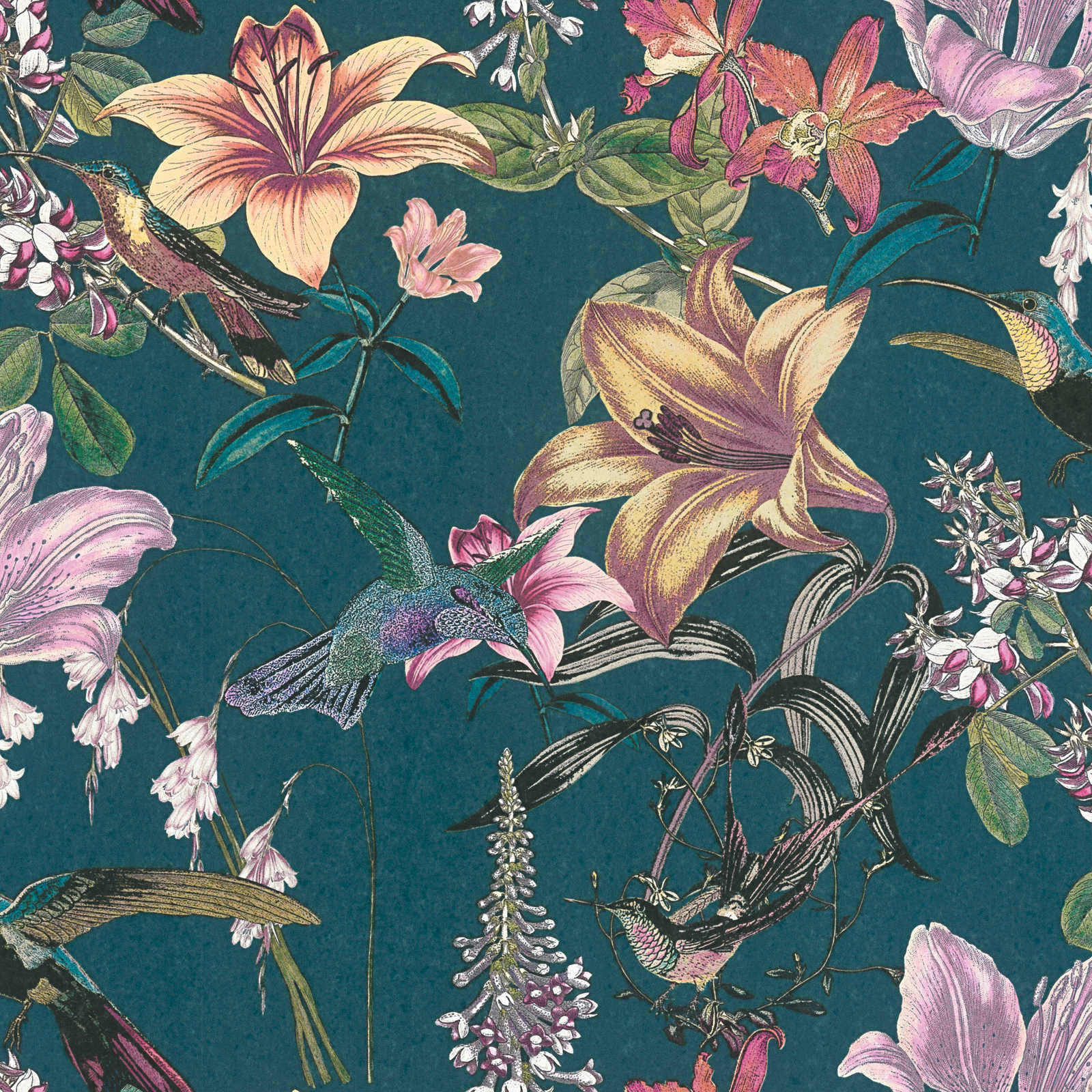 Donkergroen behang kolibrie & bloemen patroon - blauw, geel, groen
