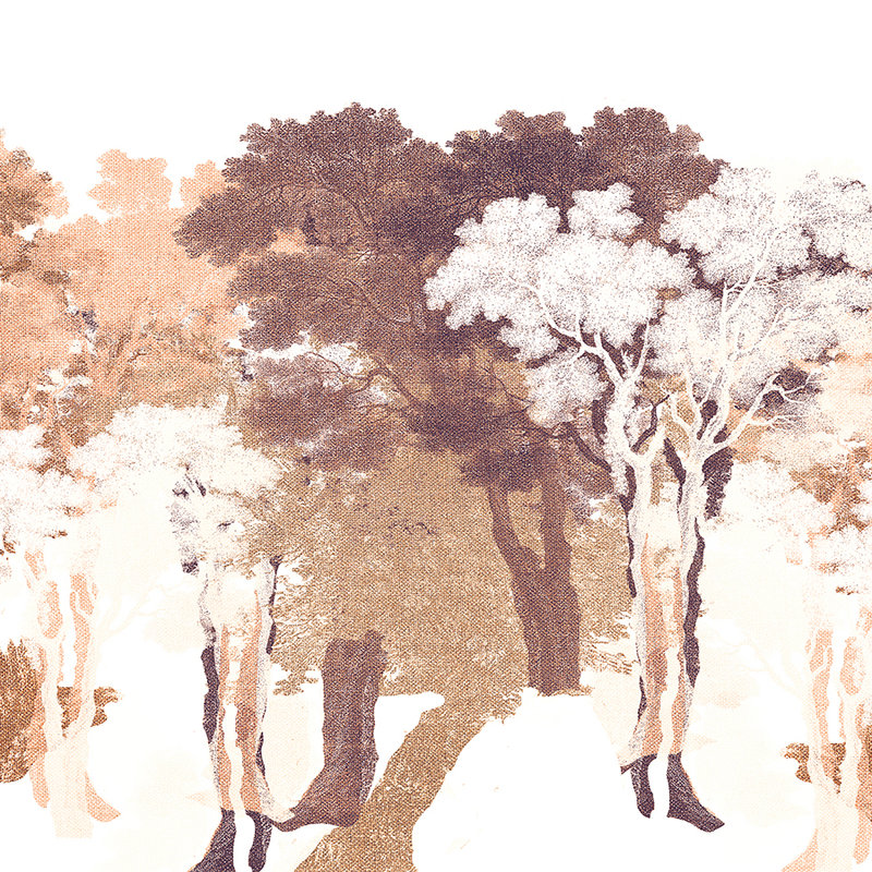 Muurschildering Bomen, Textiel Look & Boslandschap - Oranje, Wit, Grijs
