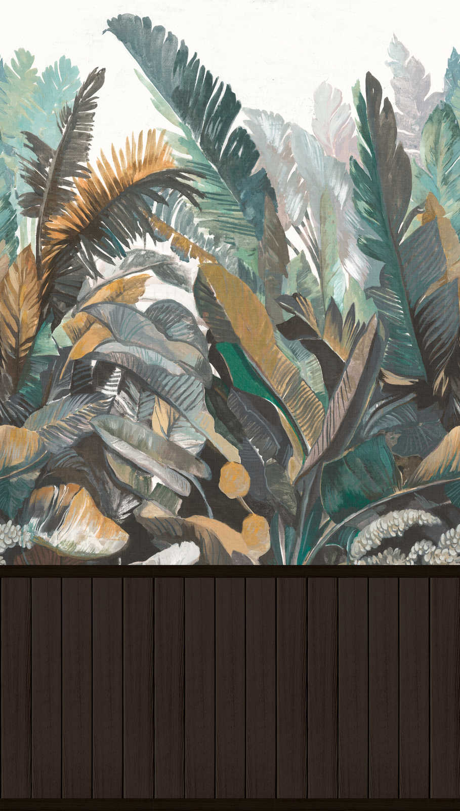             Non-woven motif wallpaper with wood-effect plinth border and jungle pattern - black, green
        
