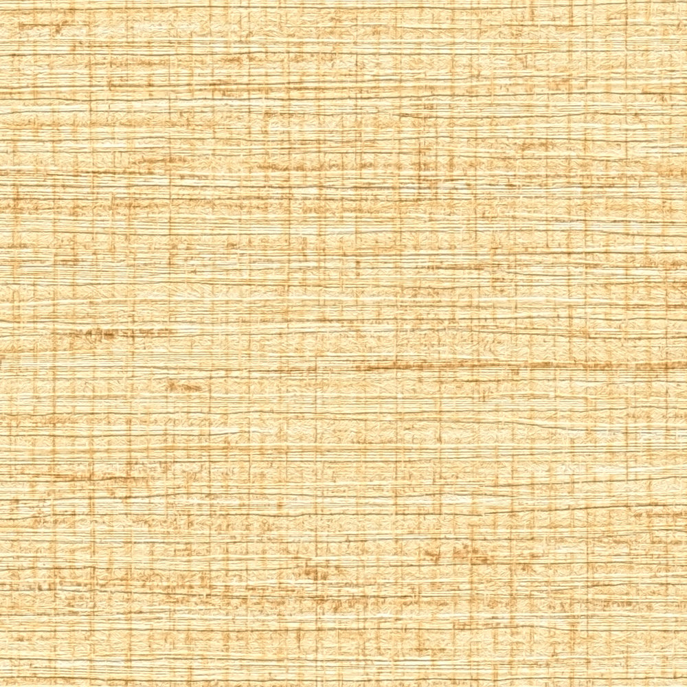            Geel behang met raffia stof patroon in ethno stijl
        