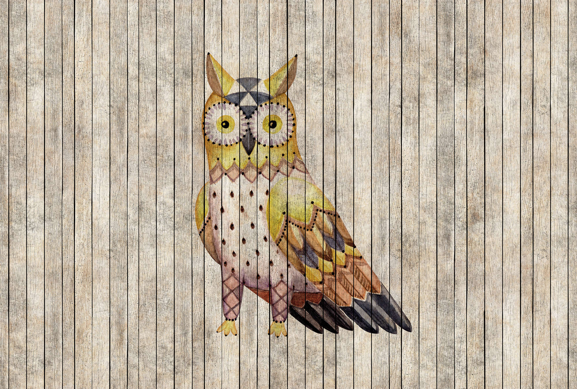             Fairy tale 1 - Wooden board wall with owl photo wallpaper - Beige, Brown | Textured non-woven
        