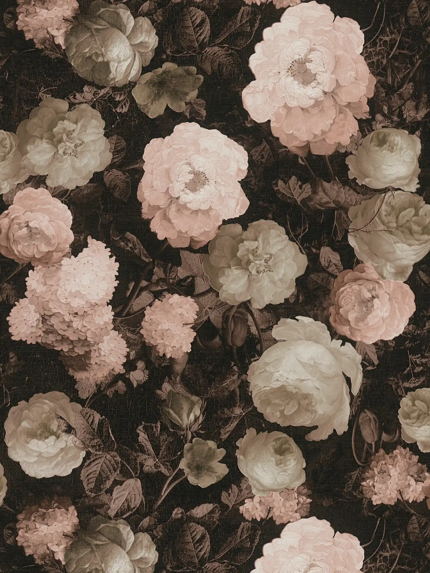             Motif wallpaper rose blossoms, shrub roses - pink, red, grey
        