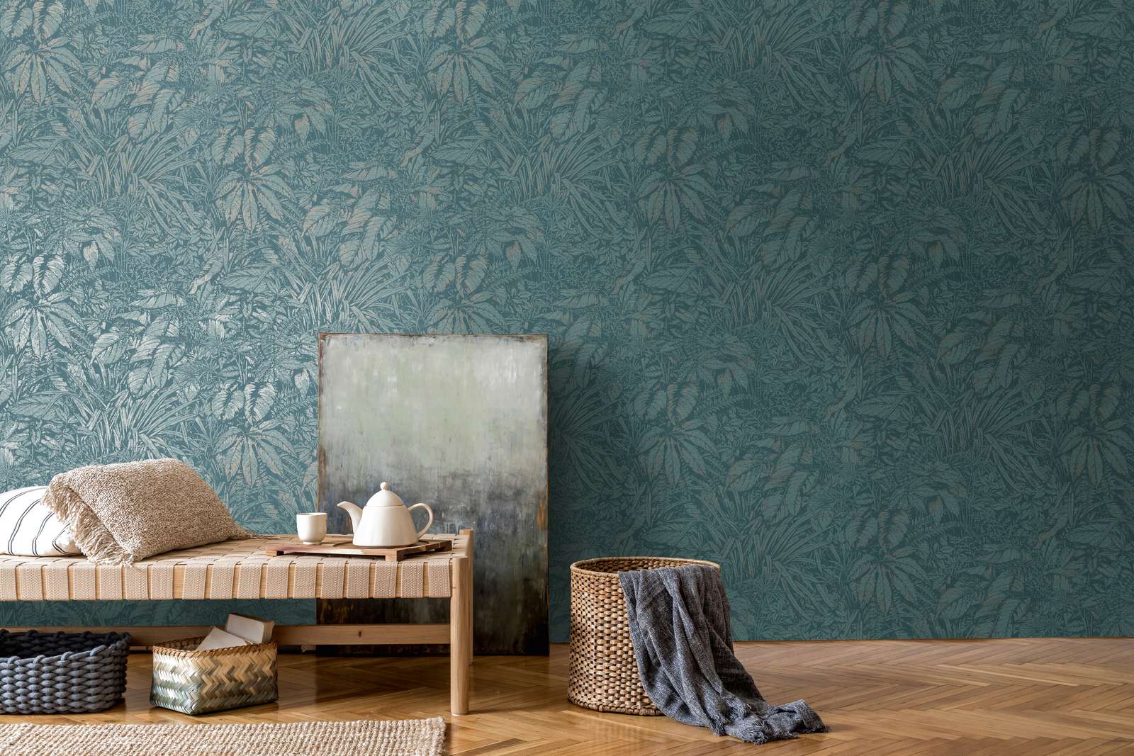             Floral non-woven wallpaper with palm leaf pattern - blue, petrol, silver
        