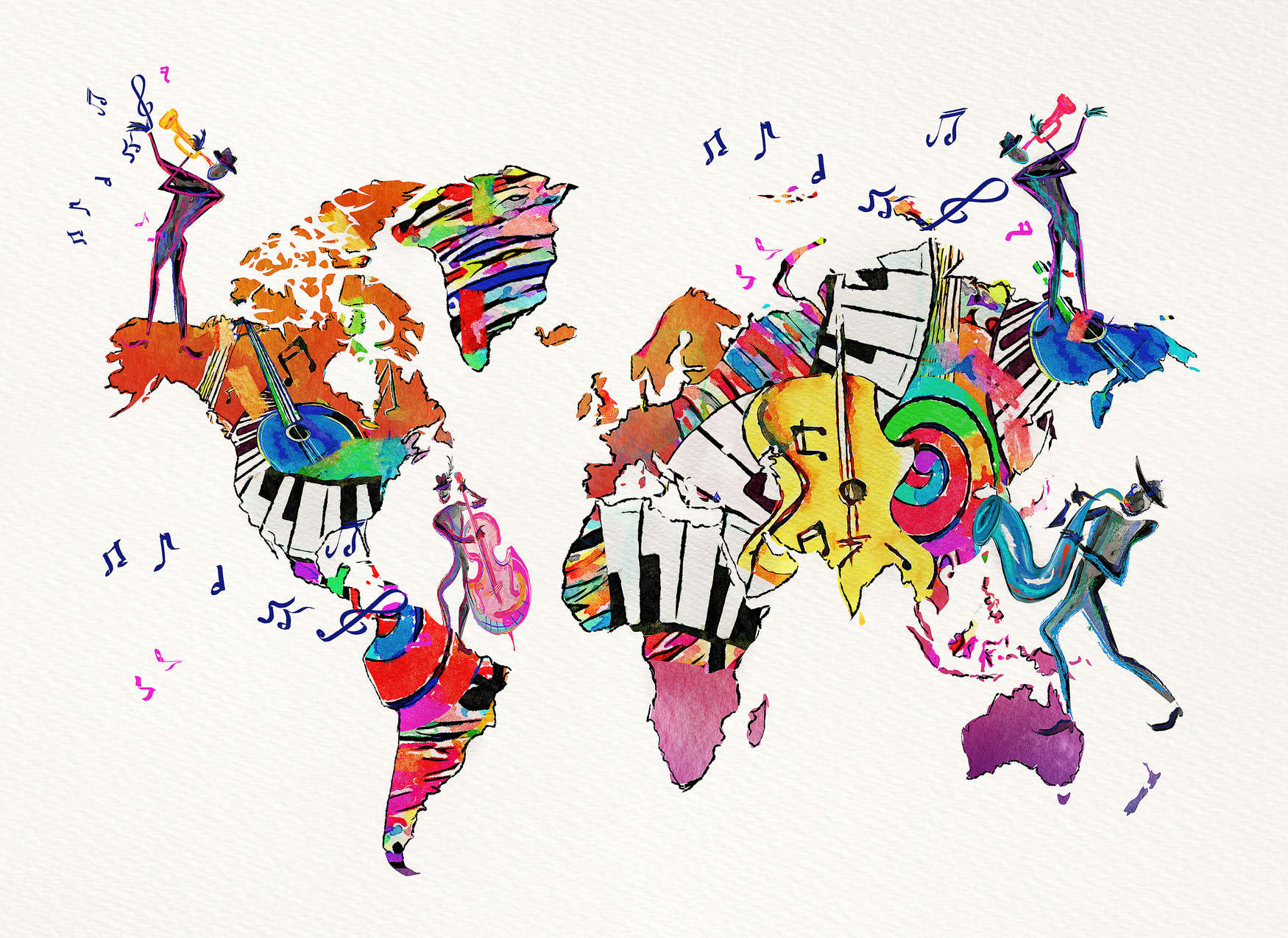             World Map Wallpaper Filled with Instruments and Clefs - Colourful, White
        