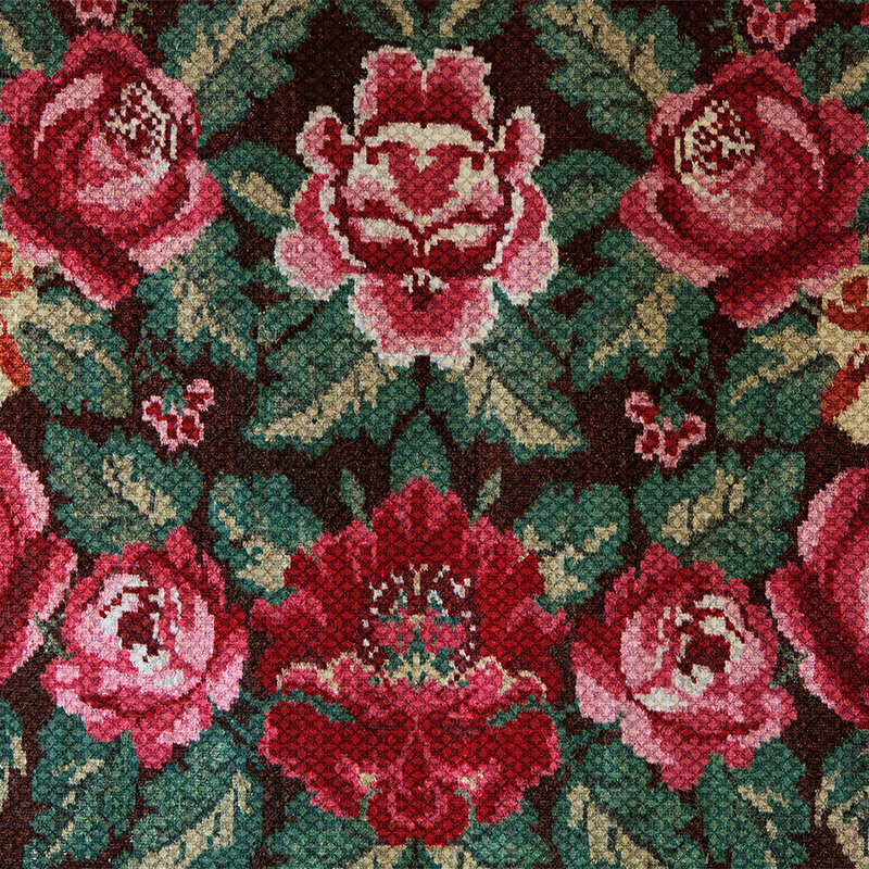 Roses mural in folklore style & retro design - pink, green, red

