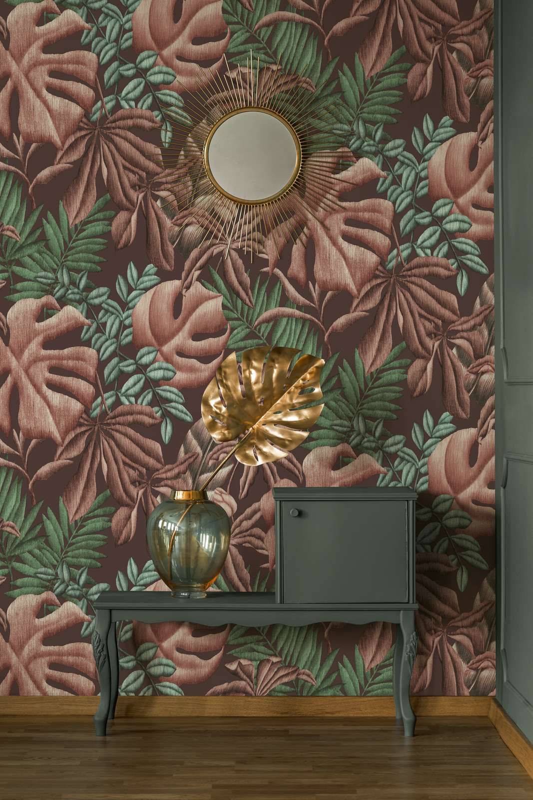             Floral non-woven wallpaper with leaves fern & banana leaves - pink, green, turquoise
        