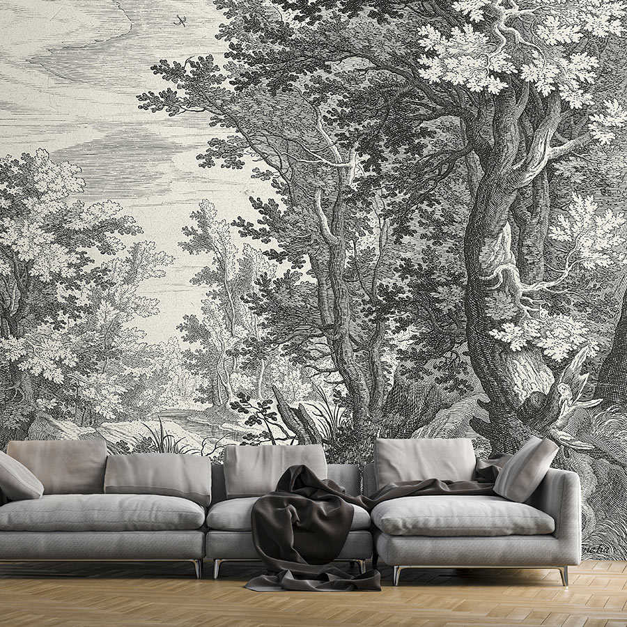 Fancy Forest 3 - Paesaggio murale in rame in bianco e nero
