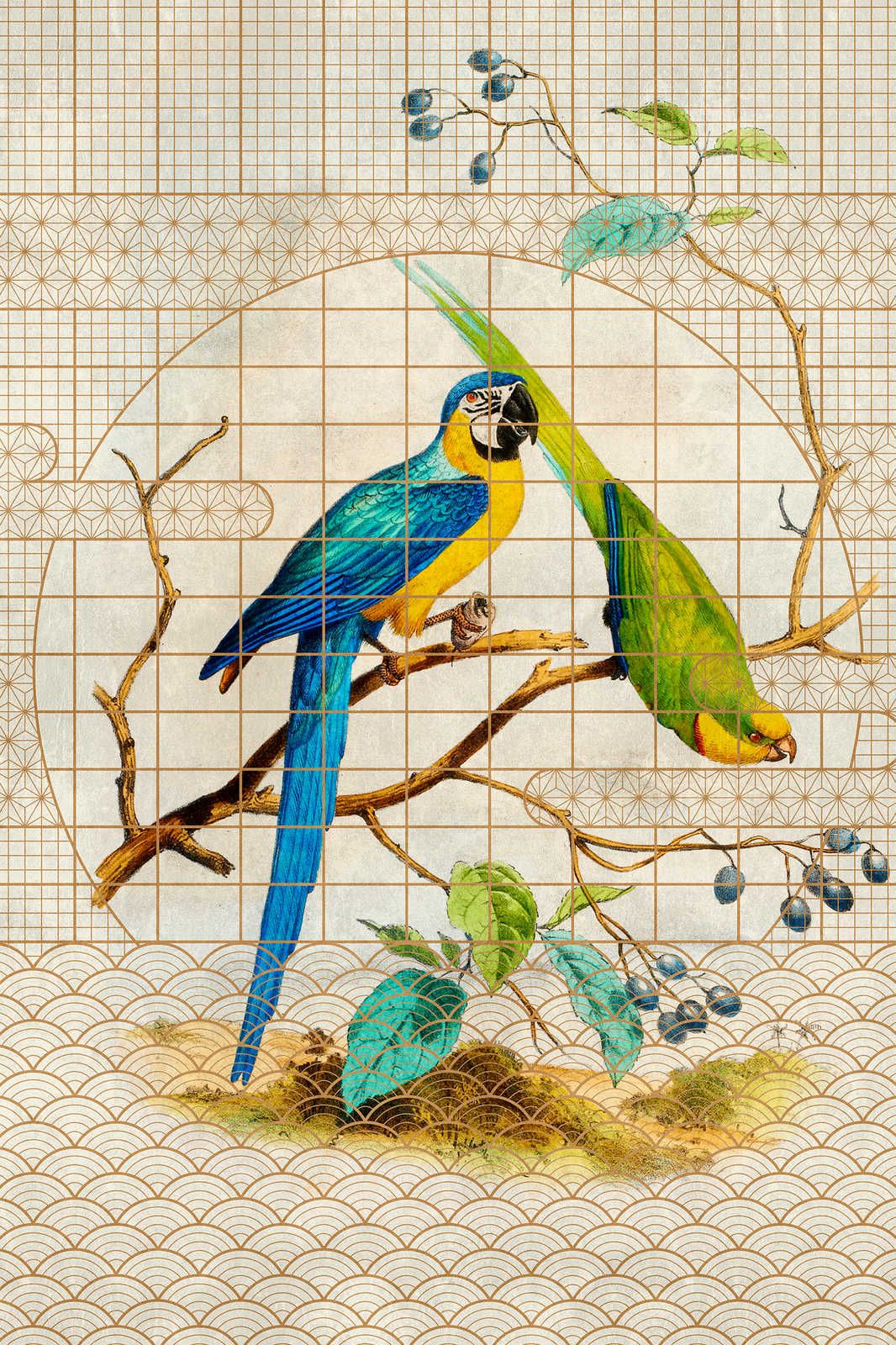             Voliera 3 - Quadro su tela con pappagalli e motivi dorati in stile vintage - 0,90 m x 0,60 m
        