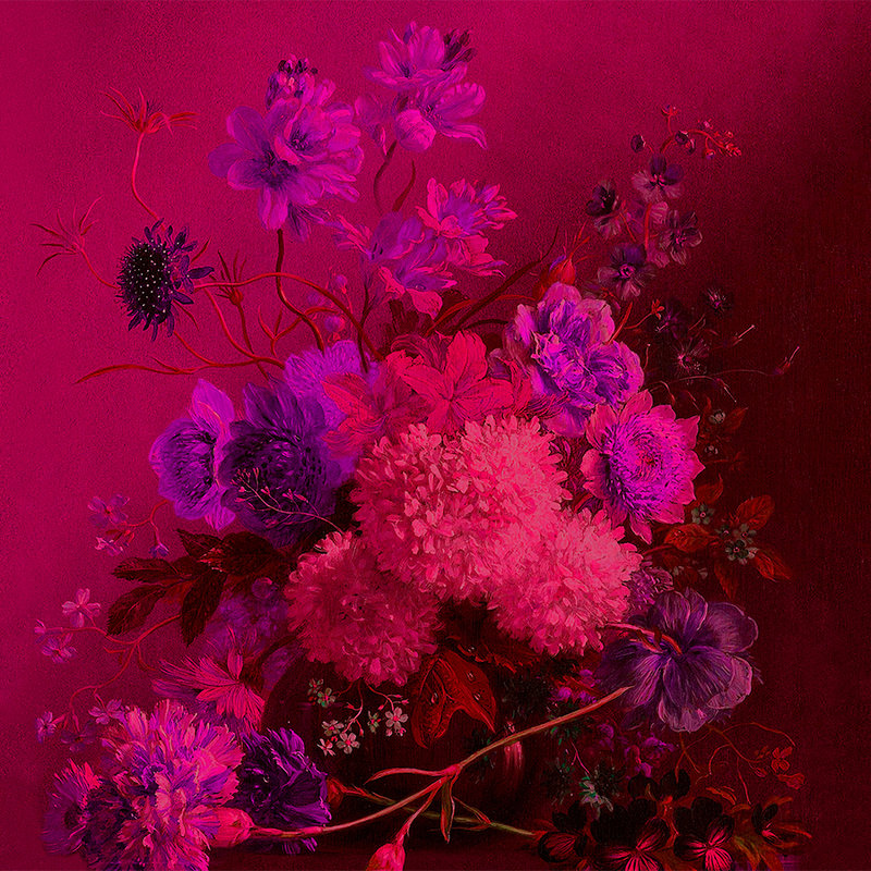 Neon mural with flowers still life - purple, pink
