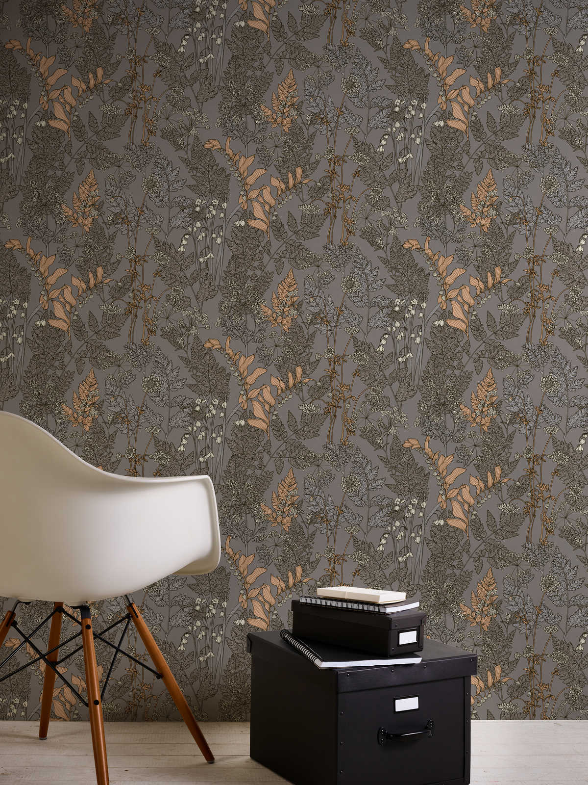             Wallpaper taupe with flowers design in modern style - grey, beige, yellow
        