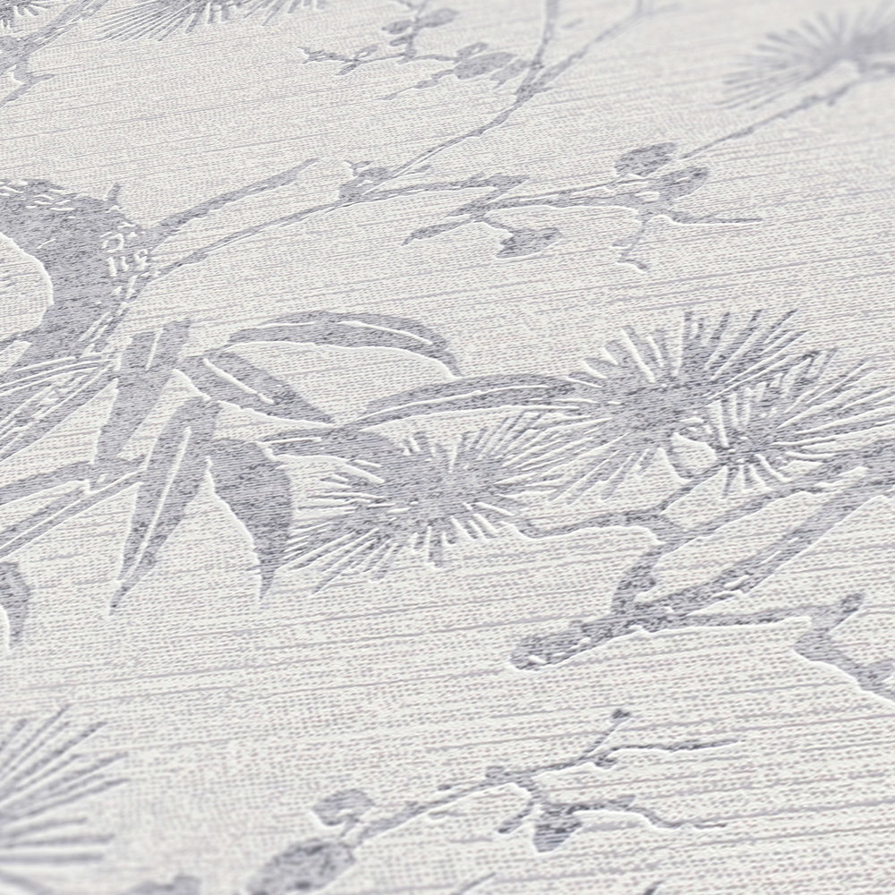             Papel pintado con diseño natural en estilo asiático - gris, metálico, blanco
        