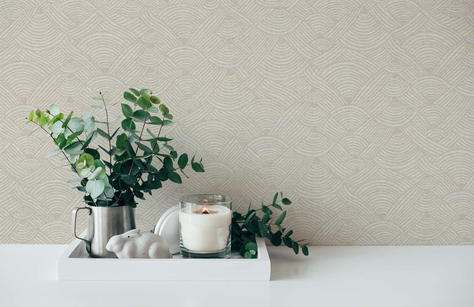             Cream beige wallpaper wave pattern with texture details in ethnic style
        