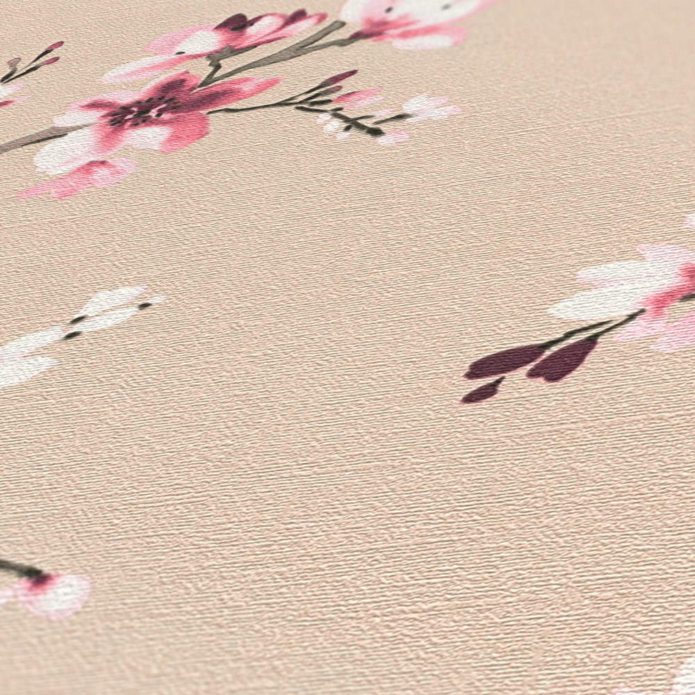             Pink floral wallpaper with watercolour flowers & branches
        