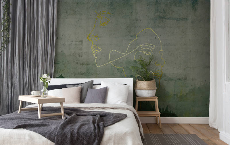             Muurschildering antraciet, lijngrafiek & betonlook - geel, groen, grijs
        