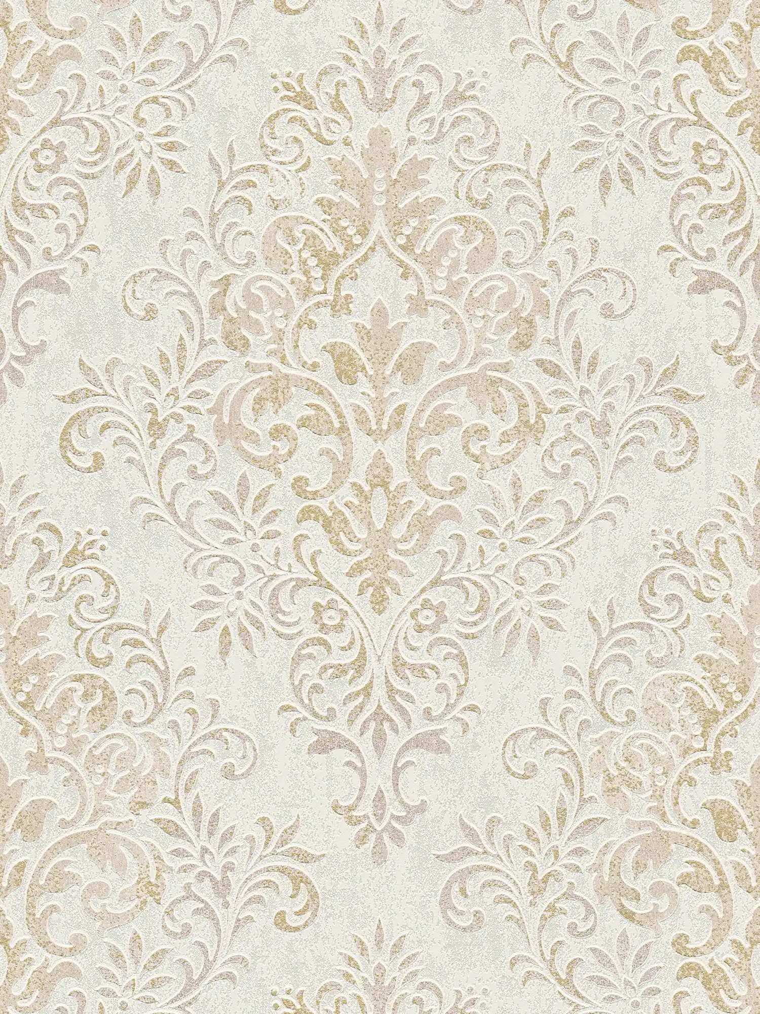 Non-woven wallpaper ornaments with gold accent & used look - beige, brown, metallic
