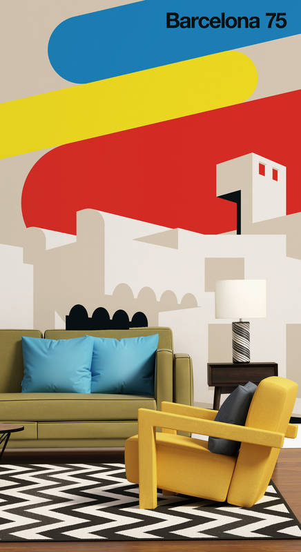             Barcelona 75 muurschildering in kleurrijke retrostijl
        