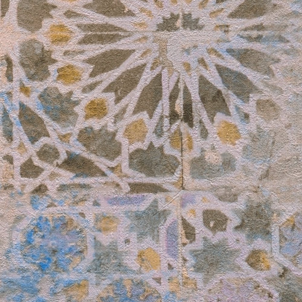             Carta da parati a mosaico colorata con aspetto rustico - beige, blu, marrone
        