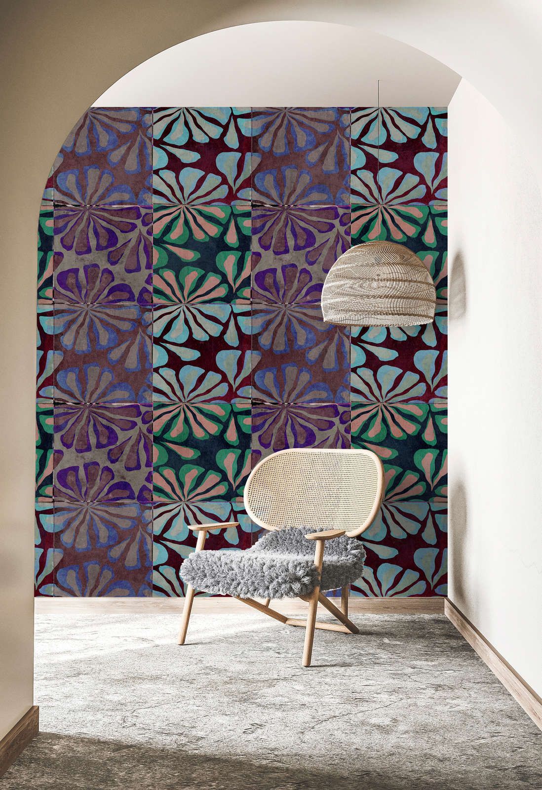             Photo wallpaper »nevio« - Colourful patchwork design in front of concrete plaster look - Matt, smooth non-woven fabric
        