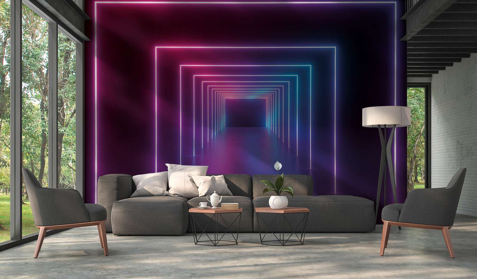             Digital behang Kamer met lange gang LED kleuren - Paars, Blauw, Neon
        