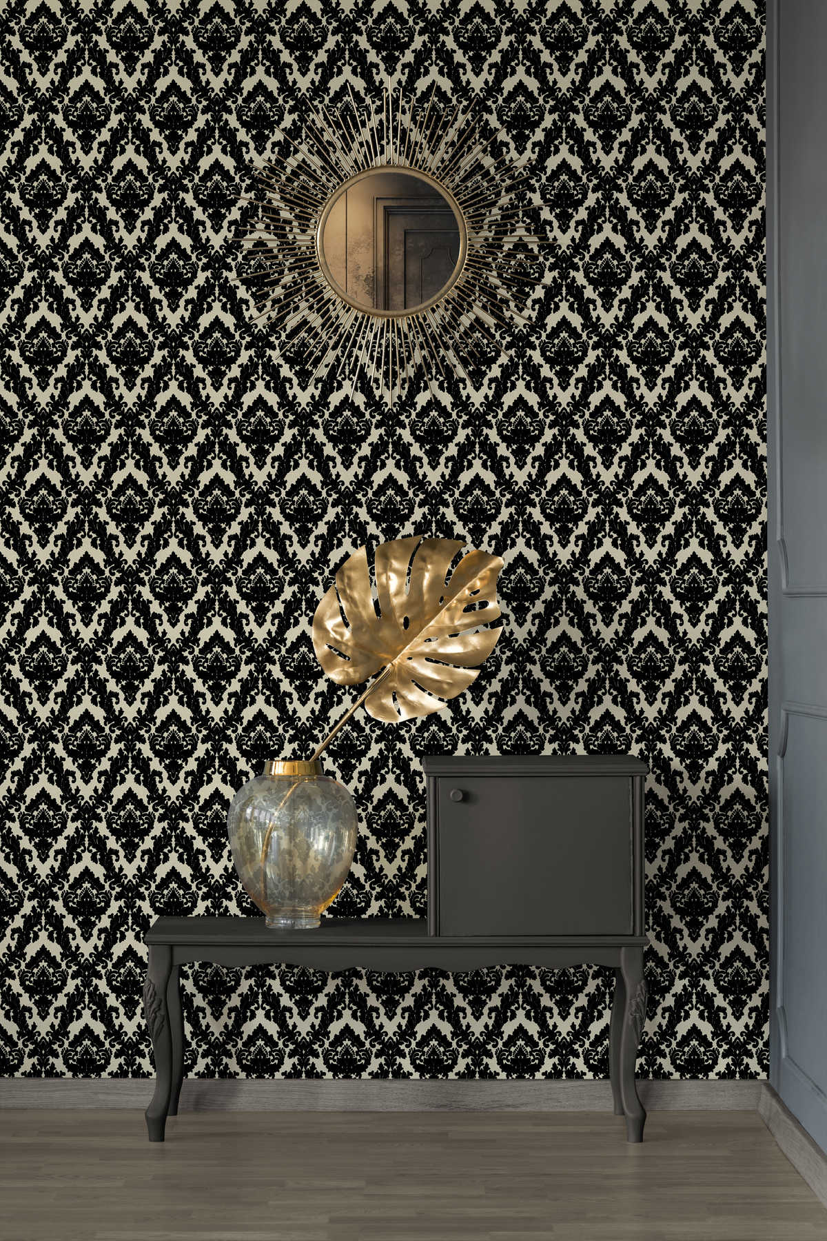             Baroque wallpaper with flock ornaments & silk gloss - cream, black
        