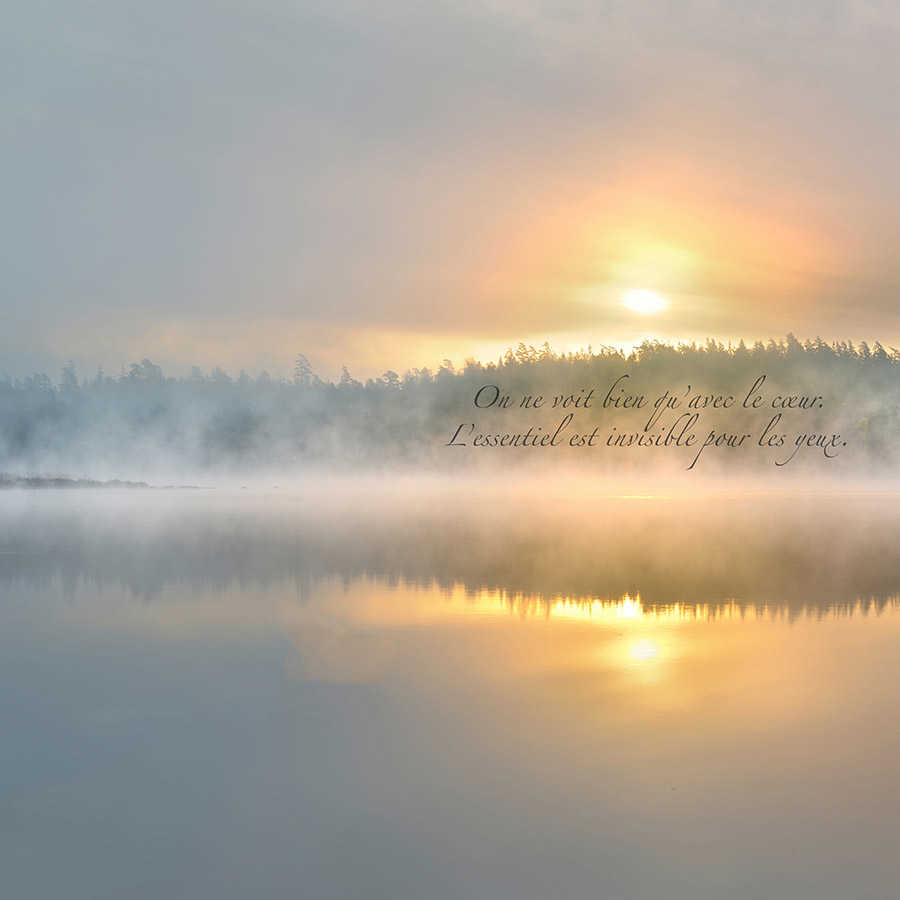 Photo wallpaper foggy lake with lettering - textured non-woven
